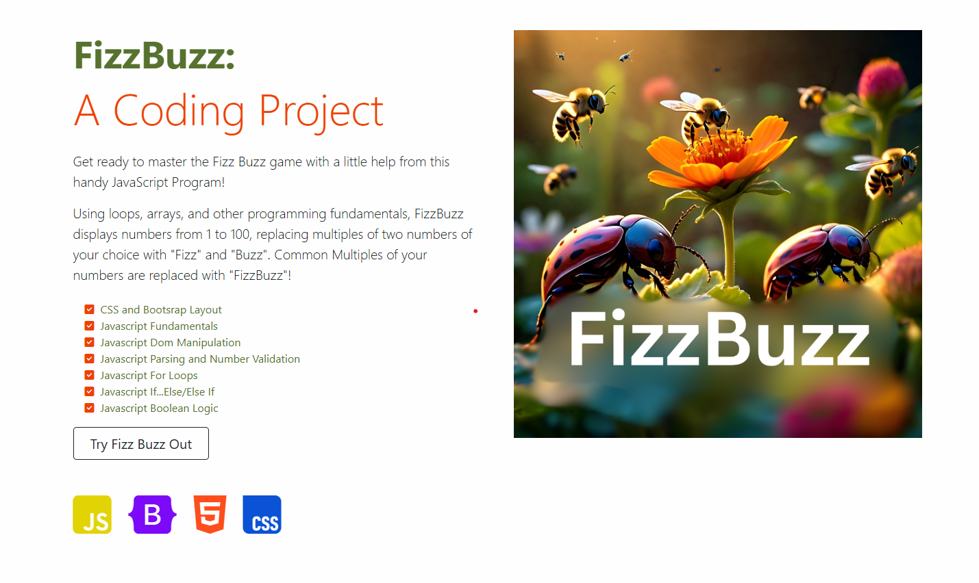 FizzBuzz Project landing page featuring bold, colorful text on white background, and an AI generated image of bees and ladybugs over a field of wild flowers.